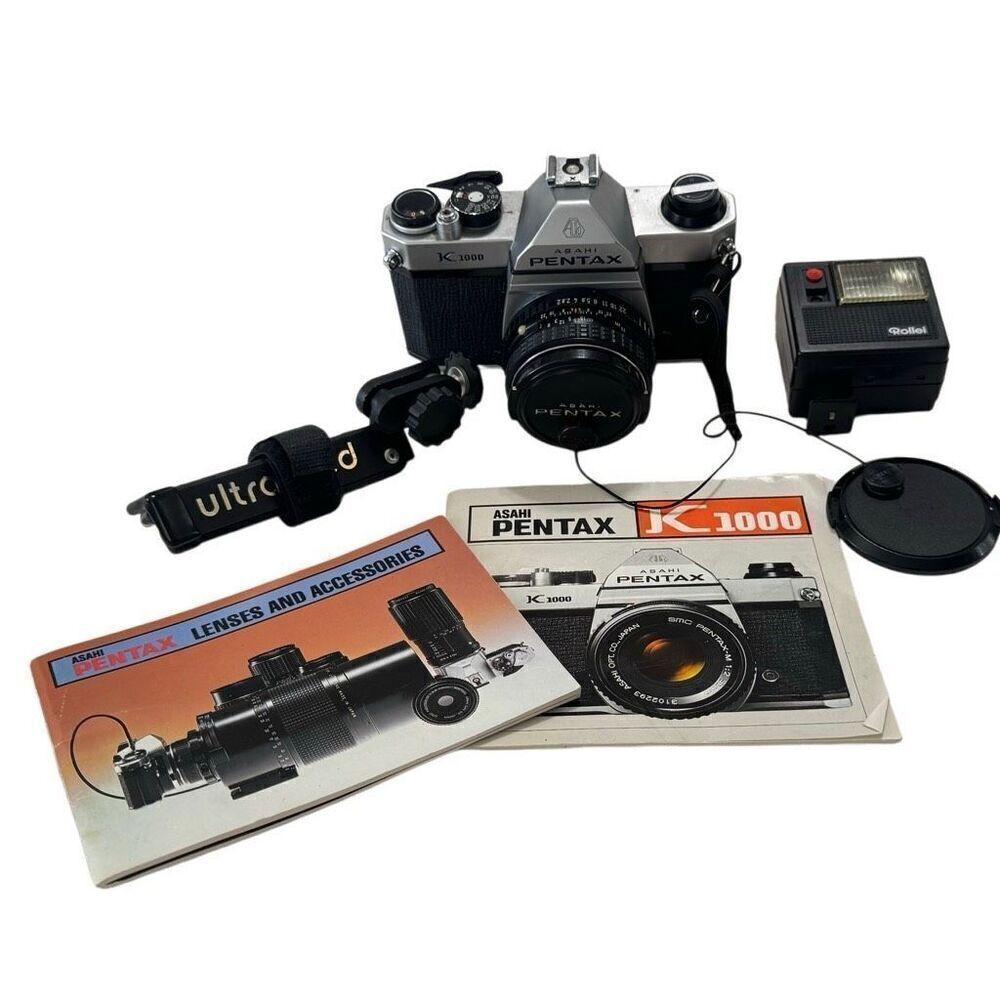 Pentax K1000 35mm SLR Camera w/SMC Pentax-M 50mm f/1.2 Lens, flash & mini tripod